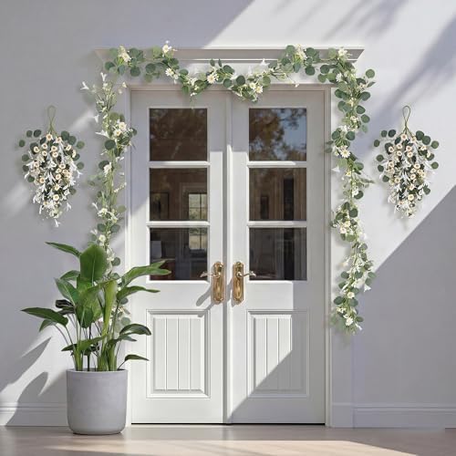 Pinkpum 20'' Eucalyptus Wreath 22'' Daisy Teardrop Swags Set 4 for Front Door Fireplace Hanging Porch Wall Home Window