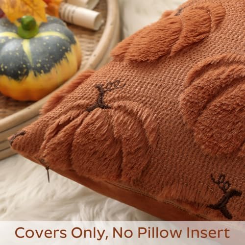 Artscope Pumpkin Fall Throw Pillow Covers 18x18 Set of 2, Autumn Soft Plush Faux Fur Decoration Cushion Covers for Thanksgiving Holiday Couch Sofa Bedroom Home Decor-Rust