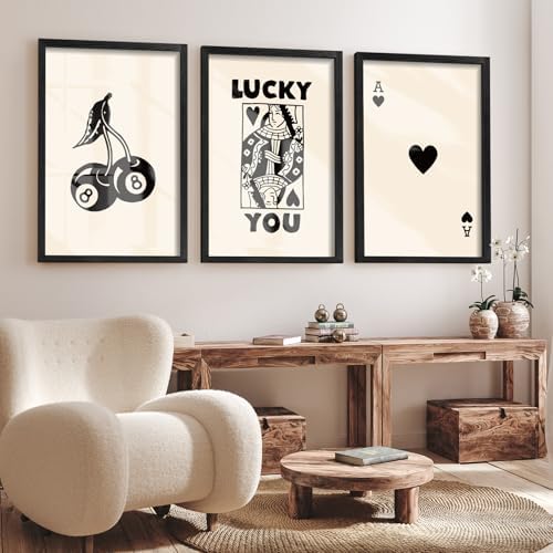 Heiple Framed Set of 3 Poker Wall Art Lucky You Poster, Trendy Retro Wall Art for Queen of Hearts Wall Art Rustic