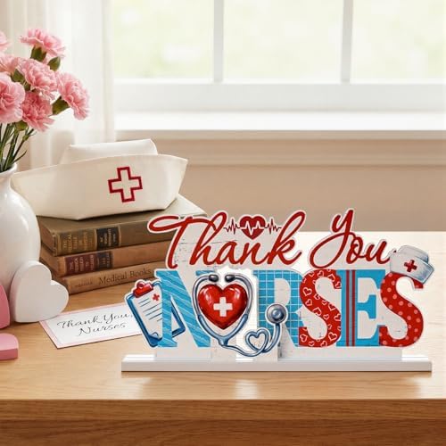 Smile Nurse Month Wooden Tabletop Decor Thank You Nurses Plaque with Stands Indoor Home Office Decor Nurse Appreciation Gift