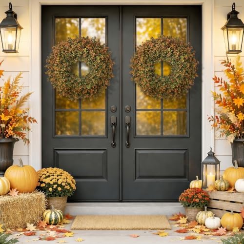 Waipfaru 26'' Fall Boxwood Wreath for Front Door Decor, Orange