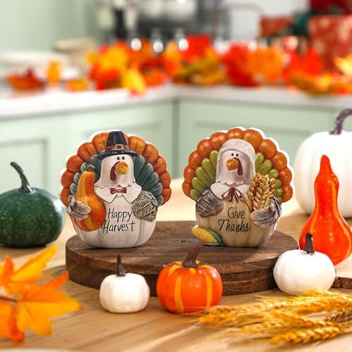 Menkxi 2 Pcs Thanksgiving Turkey Figurines Wooden Turkey Decor for Home Fall Harvest Indoor Table Centerpieces for Autumn Fall Thanksgiving Home Office Desk Party Supplies