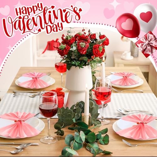 Qinyoung 8 Sets Valentine's Day Cloth Napkins and Heart Rings, Wooden Red Pink Napkins Rings Holders for Valentine's Day Wedding Anniversary Dinner Party Table Decoration