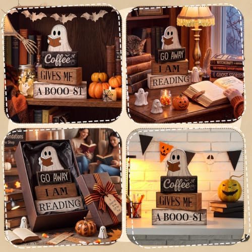 Moucuny 4 Pcs Halloween Table Decor Wooden Ghost Reading Stacked Block Sign
