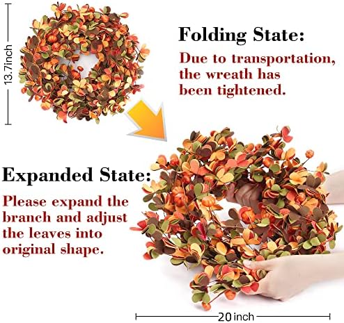 Sggvecsy Fall Wreath 20'' Autumn Front Door Harvest with Small Pumpkin Berry Round Leaves Decorations for Outside Indoor Wall Window Festival Thanksgiving Decor(Orange)