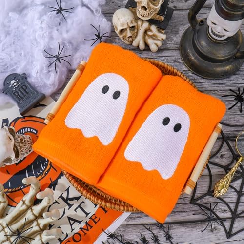 JarThenaAMCS 2 Pack Halloween Hand Towels Embroidered Orange Ghost Cotton Dish Towel for Bathroom Hand Drying Kitchen Cleaning Towel Gift Set, 29.5 x 13.7 Inch