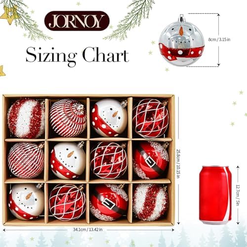JORNOY 12CT 3.12-Inch Christmas Balls Ornaments for Tree, Red & White