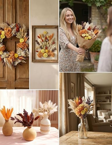 DIY Dried Flower Set, Bulk Dried Flowers Bouquet, Dried Flower Vase Arrangement, Autumn Decoration,Dried Flowers with Stems. (Fall)