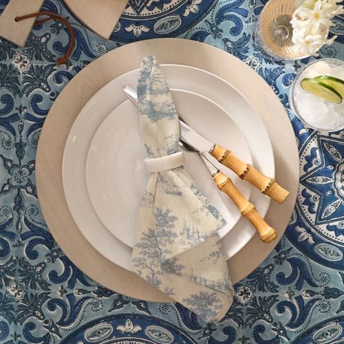 Blue Vintage Cloth Napkins Set of 12 - French Country Toile de Jouy Reusable Napkins 15x15 Inch - Shabby Chic Linen Cotton Dinner Napkins Towels for Everyday Use,Machine Washable Dish Cloth Gift
