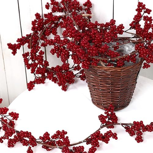 Christmas Red Pip Berry Garland, Artificial Red and Burgundy Berry Garland Decor for Winter Christmas Happy New Year Indoor Outdoor Home Fireplace Table Decorations(Mini Berry)-2PCS