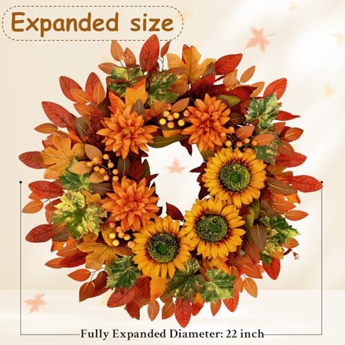2 Pcs Fall Wreaths for Front Door,22 inch Autumn Sunflower Wreath