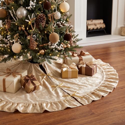 Velvet Christmas Tree Skirt, 60 Inches, Bow Style, Khaki