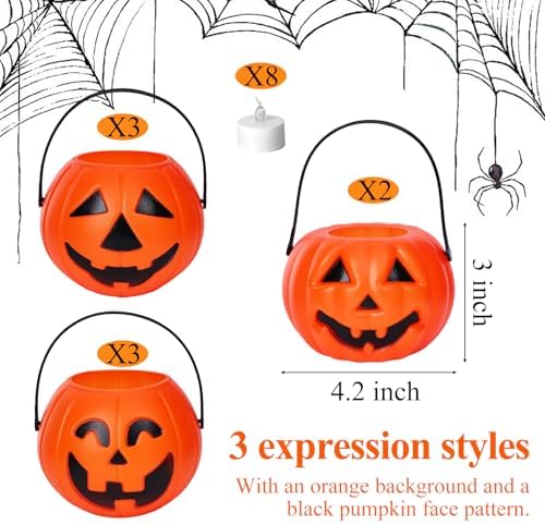 3 otters 8PCS Halloween Pumpkin Buckets, Mini Portable Pumpkin Buckets Trick or Treat Buckets for Party Birthday Halloween Family Gatherings