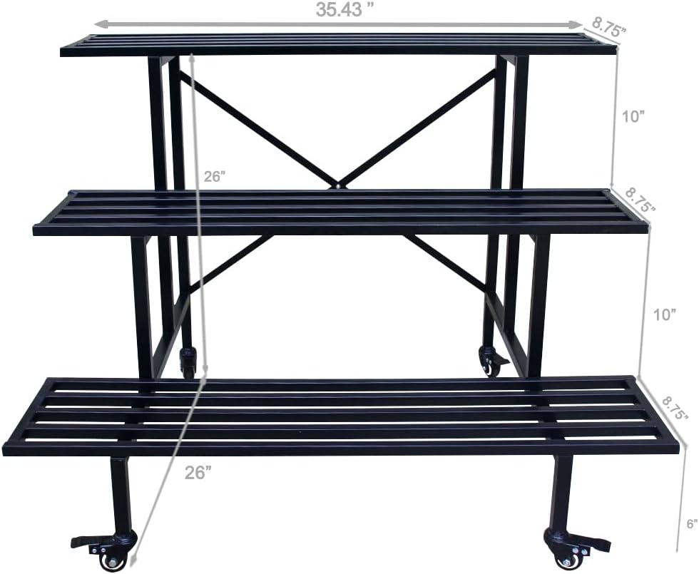 Zhongma 3 Tier Sturdy Metal Plant Stand with Wheels, L35.43 x W26 x H26 inch, Heavy Duty Plant Holder for Home Indoor