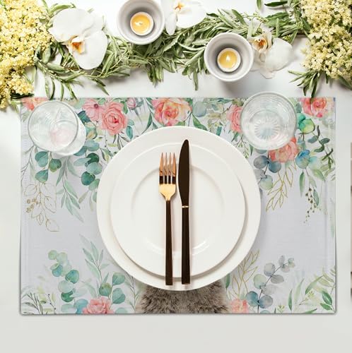 Easter Bunny Placemats Set of 4 Eucalyptus Leaves Rabbit Rose Place Mats 12x18 Inch Spring Seasonal Vintage Farmhouse Heat Resistant Washable Table Mats for Party Kitchen Dining