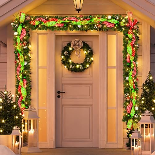 Thiccywoov 6 ft LED Prelit Christmas Pine Garland with Balls for Mantel