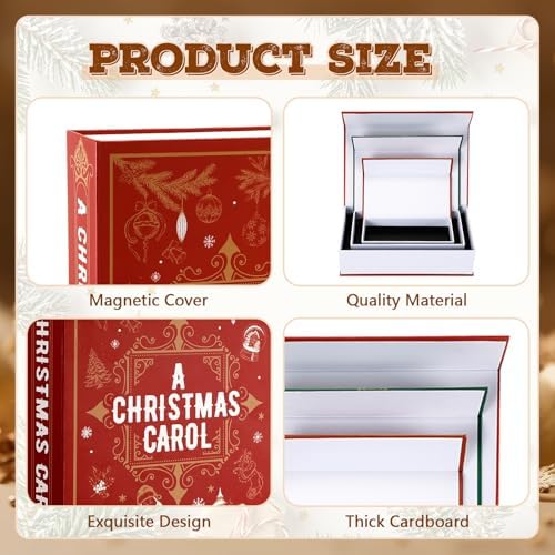 Threehoney 3 Pack Christmas Decorative Books Christmas Decor Extra Deep Faux Book Russian Doll Style Hidden Storage Box with Magnetic Cover Holiday Themed