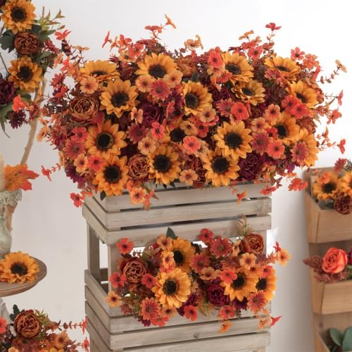 Mixed 10 Pcs Fall Artificial Sunflower Peony Bouquet, Yellow Burgundy Silk Faux Flower, Autumn Faux Floral Arrangements for Wedding Table Thanksgiving Porch Planters Garden Patio Outdoors Decor