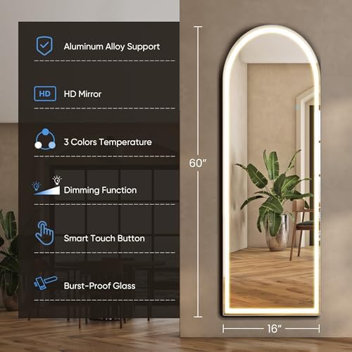 21"x64" Arched LED Full Length Mirror with Stand, Full Body Mirror