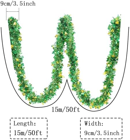 St Patricks Day Garland Decor,50Ft Glitter Tinsel Irish Shamrock Garland Decorations for Tree Mantle Bedroom Office Classroom Party Indoor Outdoor Holiday Home Green Gold
