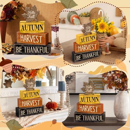 Moucuny 4 Pcs Fall Decor Wooden Maple Leaf Thanksgiving Tiered Tray Decor