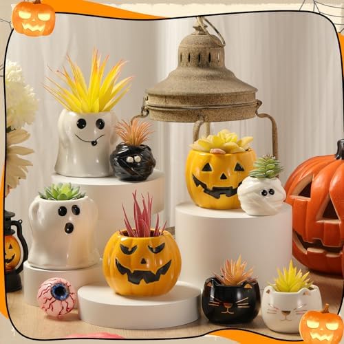 DoubleFill 8 Pcs Halloween Ceramic Succulent Planters Small Flower Pots