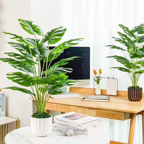 Der Rose 2 Pack 28" Fake Plants in Black Gold Pots for Living Room Decor