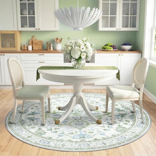 RELEANY Washable Area Rug, Round 6ft, Green/White/Blue
