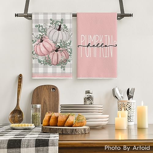 Artoid Mode Pink Pumpkin Leaves Fall Kitchen Towels Set of 4 18x26 Inch