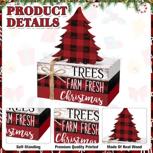 Geelin 4 Pcs Christmas Tiered Tray Decor Wooden Book Stack Signs, Red Black White Buffalo Plaid Christmas Table Decor, Farmhouse Rustic Centerpieces for Shelf Coffee Bar Office Desk Decorations