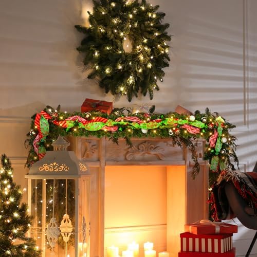 Thiccywoov 6 ft LED Prelit Christmas Pine Garland with Balls for Mantel
