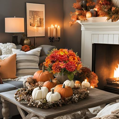 6 Bundles Fall Artificial Flowers Bouquet Fake Peony Silk Chrysanthemums Autumn Faux Floral Arrangements for Home Decor Indoor Kitchen Table Centerpieces Vase Decoration (6, Burnt Orange)