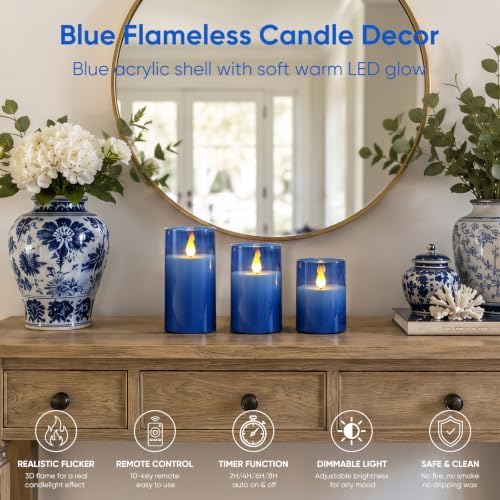 Homemory Blue Flameless LED Pillar Candles with Remote Timer, Set of 3