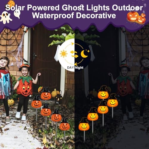 BRIGHTDECK Halloween Solar Pathway Lights Outdoor, LED Decor, Light Up Solar Stake Lights for Holiday, Halloween, Walkway, Sidewalk (Hat Pumpkin, 20-Pack)