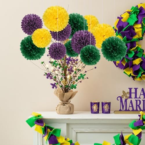 18 PCS Tissue Paper Pom Poms, Tissue Pom Poms Flowers, Sizes of 6", 10", 12", 14" Hanging Paper Flower Ball for Wedding, Birthday, Mardi Gras, Baby Shower Party Supplies Decor (Yellow Green Purple)
