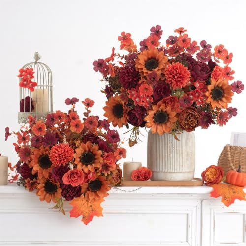 Mixed 10 Pcs Fall Artificial Sunflower Peony Bouquet, Burnt Orange Burgundy Silk Faux Flower, Autumn Faux Floral Arrangements for Wedding Table Centerpiece DIY Thanksgiving Farmhouse Outdoor Decor