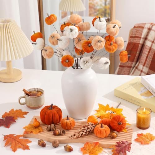 Suncalla 12 Pcs Fall Pumpkins Picks Velvet Fall Flower Picks