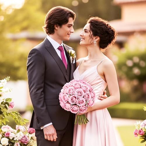 Auihiay 104PCS Pink Roses, Realistic Silk Velvet Pink Artificial Flowers