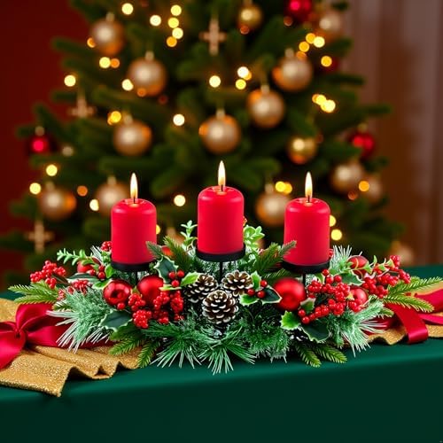 YULETIME 28" Christmas Triple Candelabrum, Red Baubles, Berries, Pine Cones