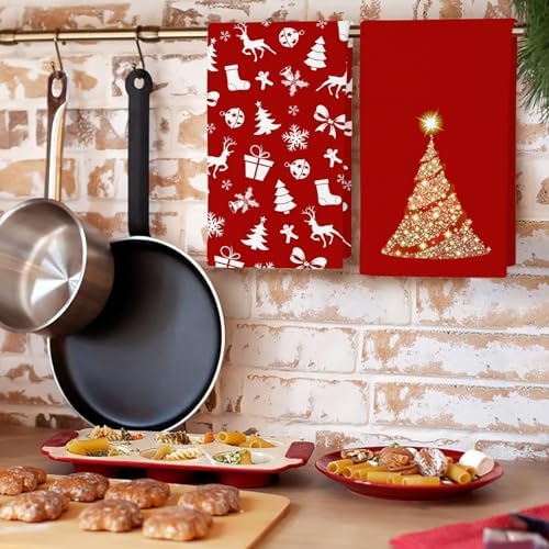 JOOCAR Red Christmas Kitchen Towels Bright Kitchen Decor Dish Towels Set of 2, 16x27 Inch Seasonal Gold Christmas Tree Drying Dishcloth, Cartoon Christmas Decoration Hand Towels