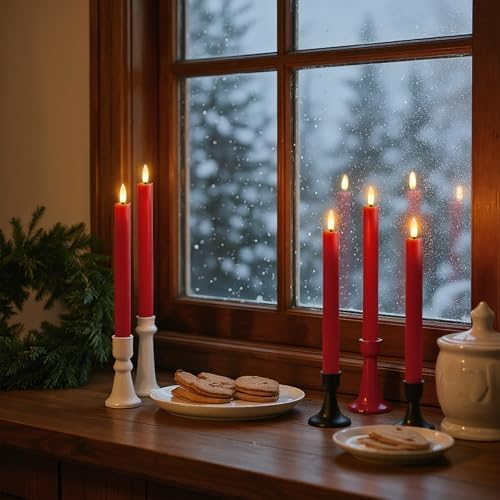 GenSwin Red Flameless Taper Candles with Remote, Real Wax Taper Candles Battery Operated, LED Flameless Candlesticks with 3D Wick for Home Halloween Christmas Holiday Decor(Set of 3, 0.78” x 9.6”)