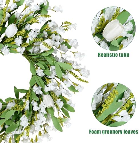 Sggvecsy Spring Summer Wreath for Front Door 22 Inch Artificial White Flower with White Tulips Greenery Leaves Lavender for All Seasons Home Farmhouse Indoor Outdoor Wall Decor
