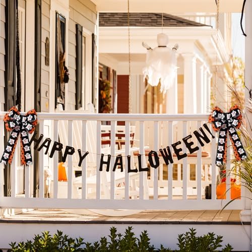 JarThenaAMCS Halloween Wreath Bow Ghost Boo Polka Dots Wired Edge Bow Black Orange Fabric Craft Bowknot for Front Door Tree Topper Indoor Outdoor Decor, 11 x 20.3 Inch
