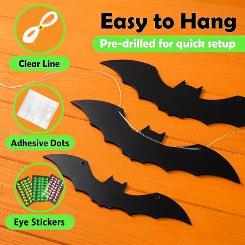 18 PCS Halloween Bat Decorations Outdoor, Black Bat Yard Signs with Glow in The Dark Eyes Stickers, Hanging Halloween Decorations for Lawn, Yard, Trees, Garden, Outdoor Halloween Decor