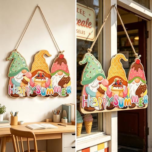 Summer Gnomes Welcome Door Sign 12" Ice Cream Gnome Wooden Hanging Sign Happy Ice CreamTropical Wall Art Decor, Farmhouse Home Door Porch Wall Decorations, Housewarming Summer Gift