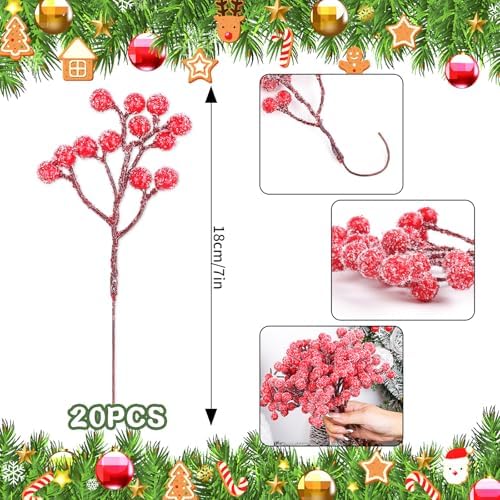 Fangoo 20 Pack 7 Inch Artificial Red Berry Picks for Christmas Tree Burgundy Red Berries Stems Holly Berry Branches Ornaments Wreath Crafts Wedding Holiday Season Winter Home Decor (Sprays Snow Red)