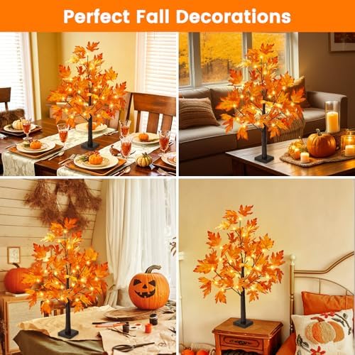 2 Pack 2FT Fall Decorations for Home Artificial Fall Lighted Maple Tree