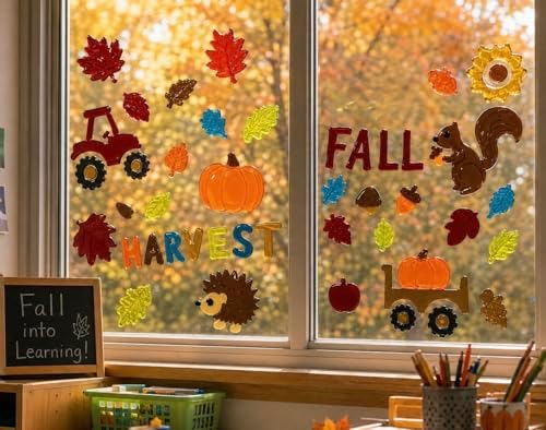 Fall Thanksgiving Window Gel Clings for Glass & Mirrors, 6 Reusable Sheets