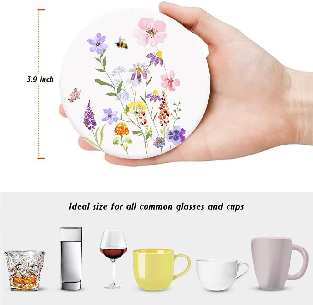 Holder / Drink Absorbent Coasters / Botanical Floral / Round / Set of 6