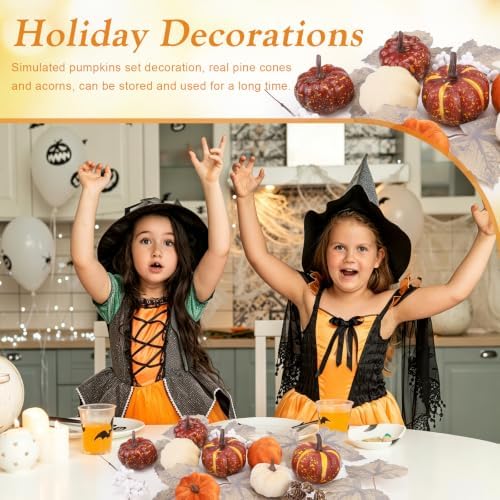 25Pcs Artificial Velvet Pumpkins Fall Decor Set Maple Pine Cones